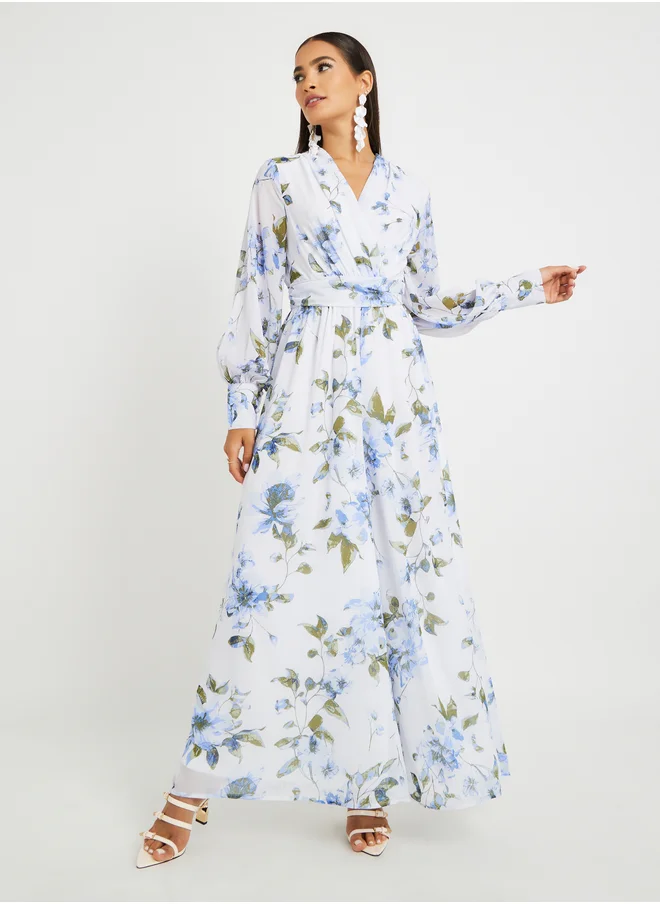 ستايلي Floral Print V-Neck Wide Leg Jumpsuit