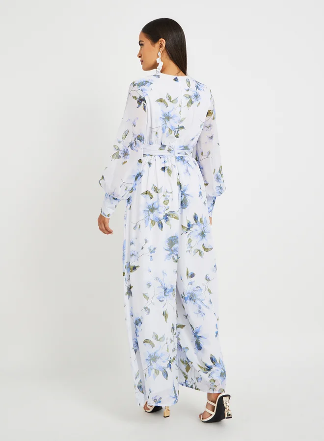 Styli Floral Print V-Neck Wide Leg Jumpsuit