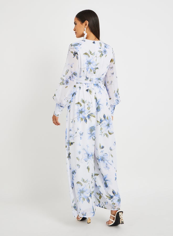 Floral Print V-Neck Wide Leg Jumpsuit