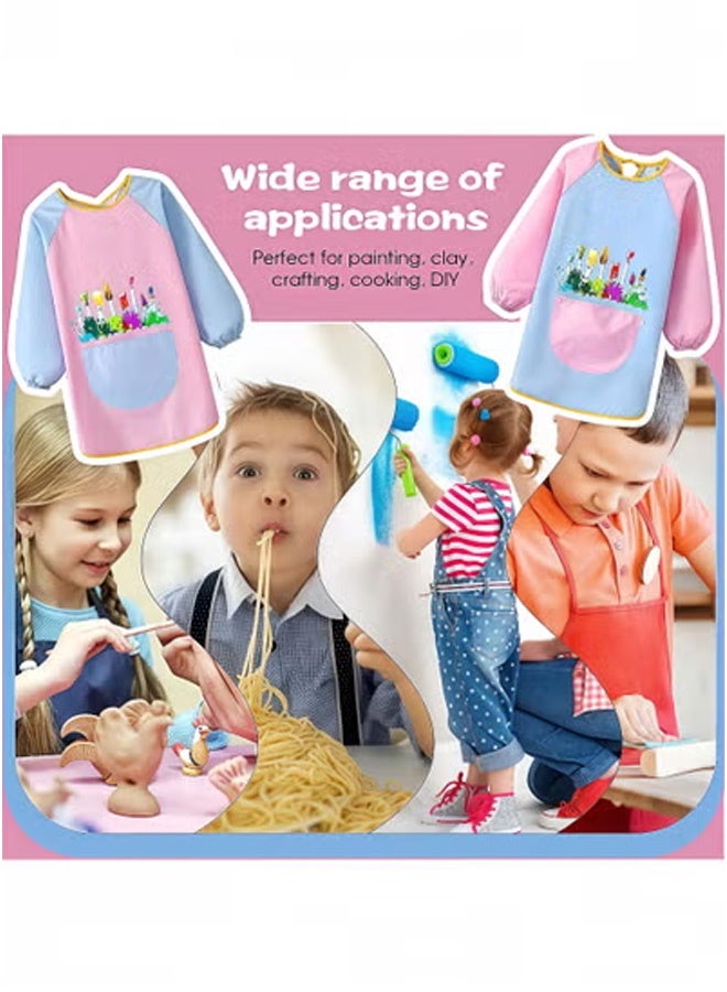 Peachjoy 2pcs Kids Waterproof Art Apron, Long Sleeve Painting Smock with Pockets for Ages 5-12n, Cooking and Arabic Calligraphy Protective Wear (Pink+Blue) - Image 4