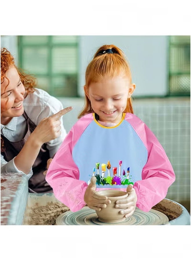 Peachjoy 2pcs Kids Waterproof Art Apron, Long Sleeve Painting Smock with Pockets for Ages 5-12n, Cooking and Arabic Calligraphy Protective Wear (Pink+Blue) - Image 3