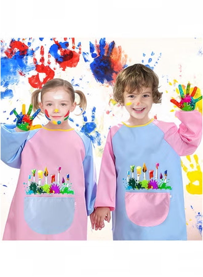 Peachjoy 2pcs Kids Waterproof Art Apron, Long Sleeve Painting Smock with Pockets for Ages 5-12n, Cooking and Arabic Calligraphy Protective Wear (Pink+Blue) - Image 2