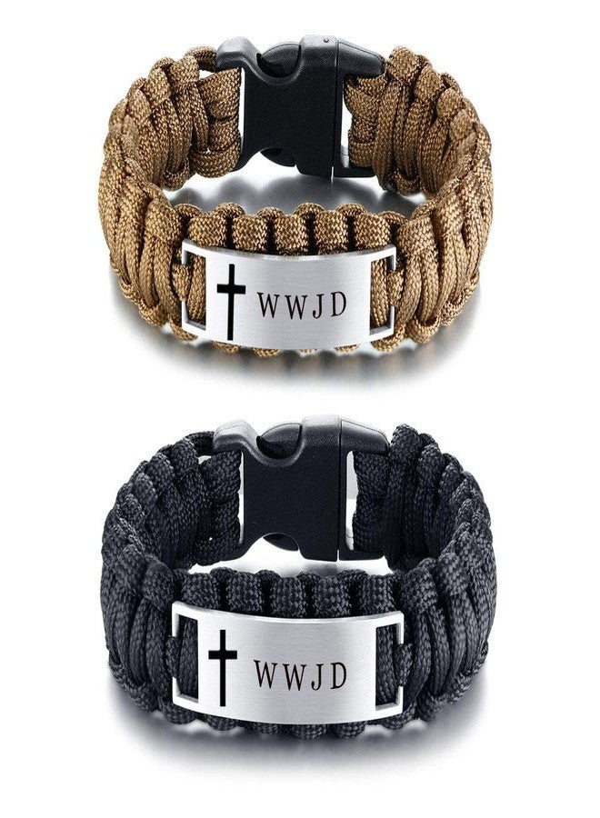Sunling 2 Pack Free Engraving Custom Religious Braided Paracord WWJD Bracelet for Men,9 Inches,Black,Brown - Image 1