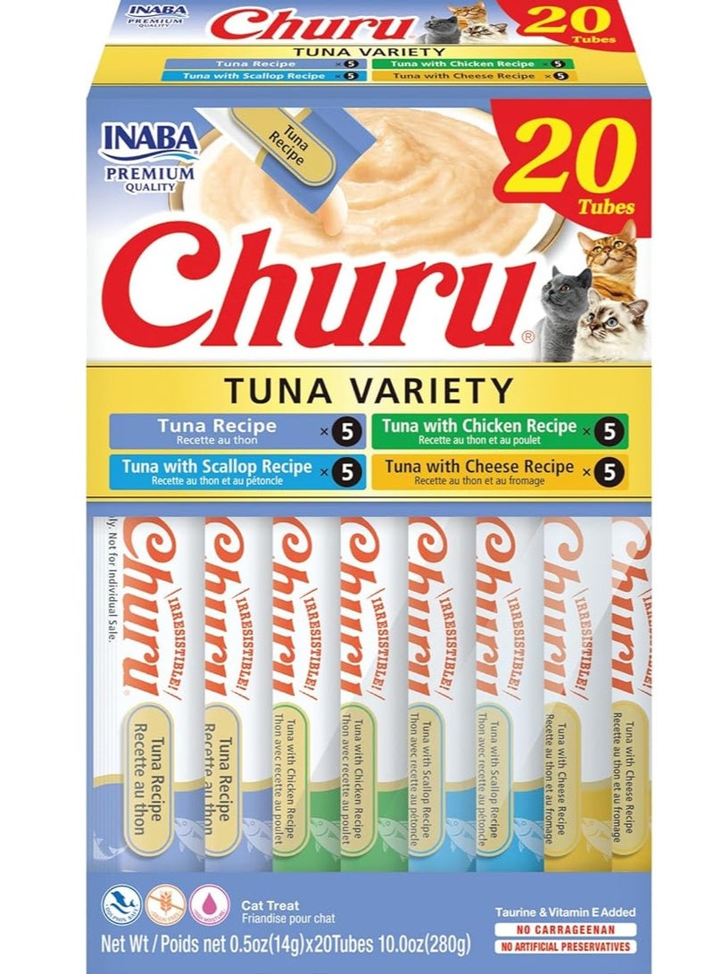 INABA Cat Wet Treat For Adult Cats With Variety tuna flavors, consisting of 20 pieces: 4x tuna, 4x tuna with chicken, 4x tuna with Scallop and 4x tuna with cheese.  Weighing 14 grams - Image 1