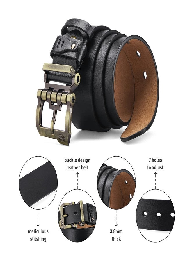 BISON DENIM Men's Belts Leather Dress Genuine Leather Classic Heavy Duty Buckle Belt Casual for Jeans, Gold Buckle+black Belt, 36‘-39“ - Image 4