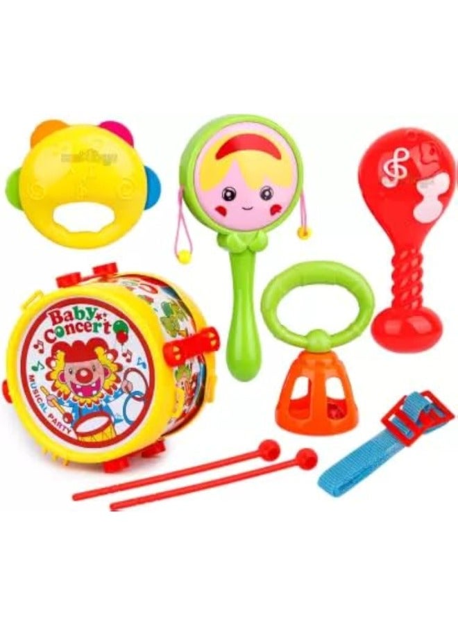 هوابايو تويز مجموعة ألعاب الخشخيشة والطبل الموسيقي - خشخيشات ملونة مكونة من 5 قطع وطبل متعدد الألوان للعب والتطور الحسي للأطفال - Image 1