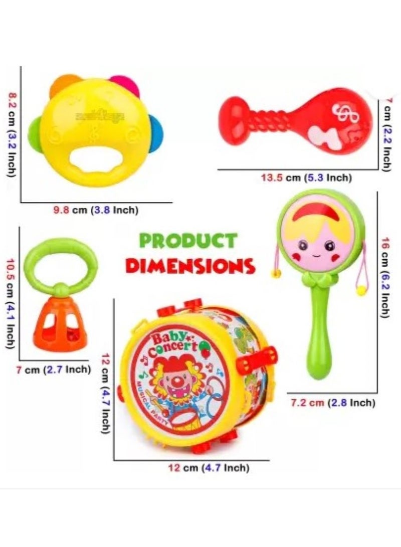 هوابايو تويز مجموعة ألعاب الخشخيشة والطبل الموسيقي - خشخيشات ملونة مكونة من 5 قطع وطبل متعدد الألوان للعب والتطور الحسي للأطفال - Image 2