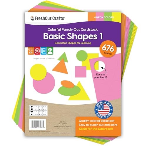 FreshCut Crafts Basic Shapes 1: Circles, Triangles, Squares, Ovals, 676 Pieces US Made Card Stock Punch Out Geometric Shapes in 3 Sizes and 4 NEON Colors for Math, Pattern Play and DIY Crafting - Image 1