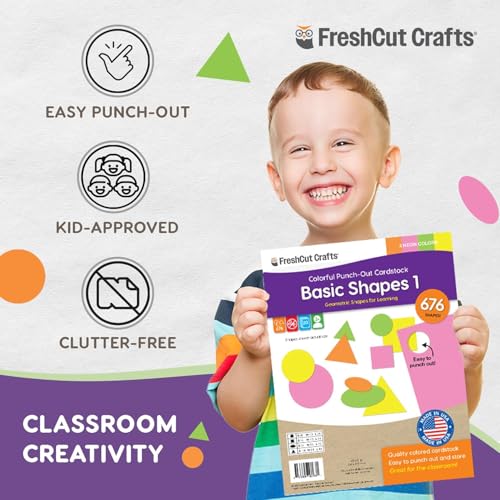 FreshCut Crafts Basic Shapes 1: Circles, Triangles, Squares, Ovals, 676 Pieces US Made Card Stock Punch Out Geometric Shapes in 3 Sizes and 4 NEON Colors for Math, Pattern Play and DIY Crafting - Image 5