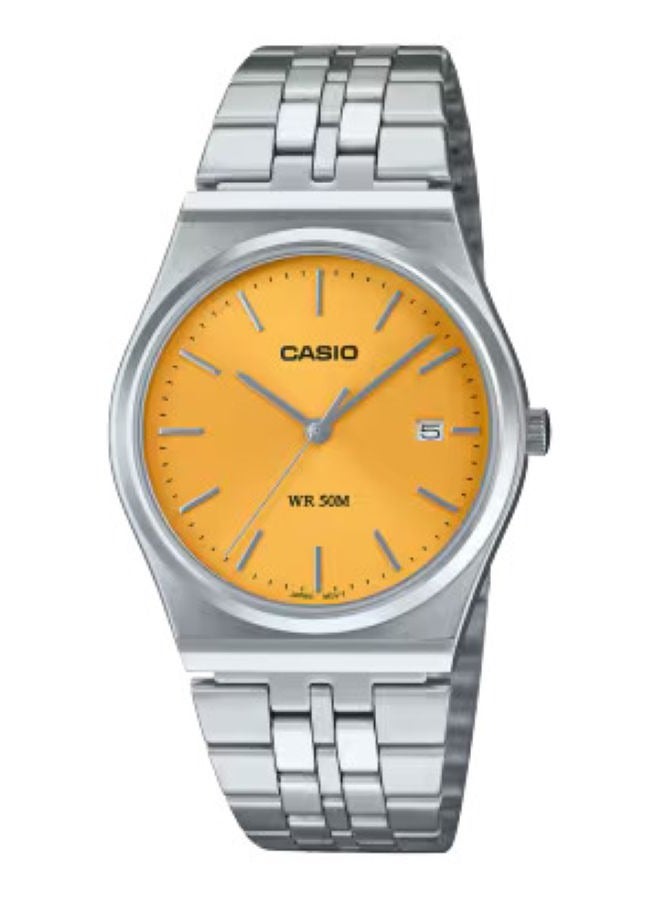 Casio MTP-B145D-9AVDF Men's Analog Watch – Yellow Dial, Date Display, Stainless Steel Band, Mineral Glass, 50M Water Resistant, Classic Casual Watch for Daily Wear