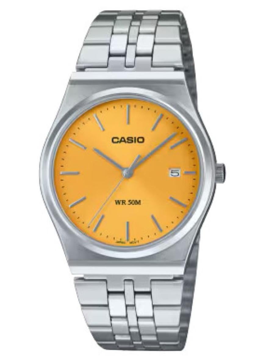 Casio MTP-B145D-9AVDF Men's Analog Watch – Yellow Dial, Date Display, Stainless Steel Band, Mineral Glass, 50M Water Resistant, Classic Casual Watch for Daily Wear