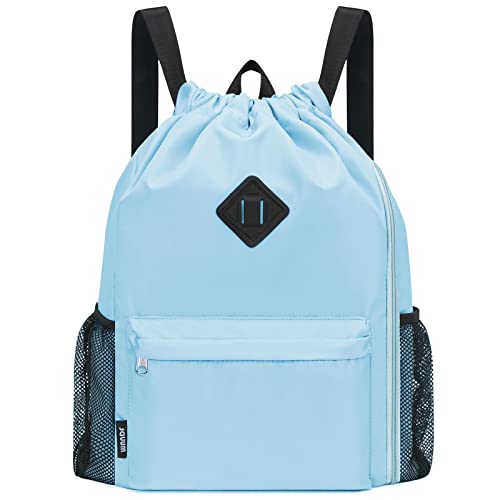 WANDF Drawstring Backpack Sports Gym Bag with Shoes Compartment, Water-Resistant String Backpack Cinch for Women Men(Large,Light blue) - Image 1