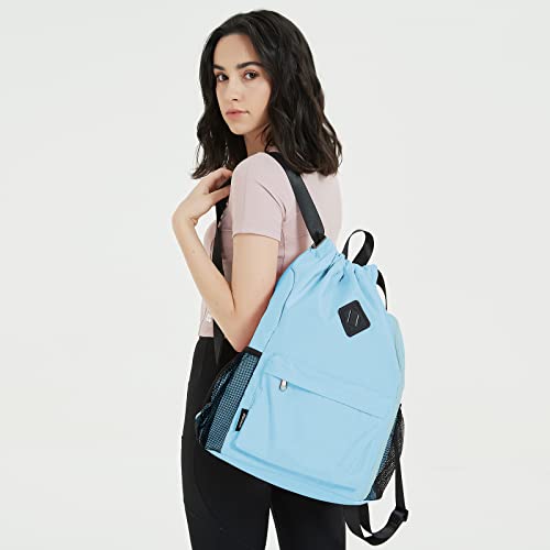 WANDF Drawstring Backpack Sports Gym Bag with Shoes Compartment, Water-Resistant String Backpack Cinch for Women Men(Large,Light blue) - Image 2