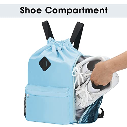 WANDF Drawstring Backpack Sports Gym Bag with Shoes Compartment, Water-Resistant String Backpack Cinch for Women Men(Large,Light blue) - Image 3