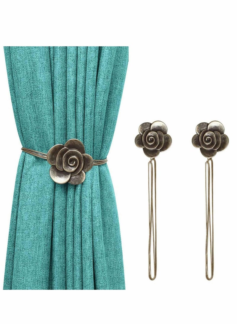 Vintage Camellia Magnetic Curtain Tieback, 2 Pcs Resin Flower Curtain Drapery Holdback Retro Window Curtain Decorative Buckle Holder for Home Office Cafe Balcony - Bronze - Image 1