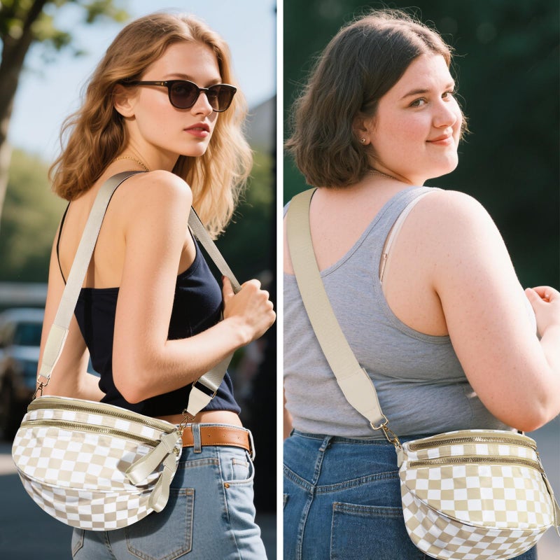 NEWROGENG Checkered Crossbody Bags for Women, Large Nylon Bum Bags Plus Size Fanny Pack Sling Bag Belt Bag for Women Travel, Beige Checkered - Image 2