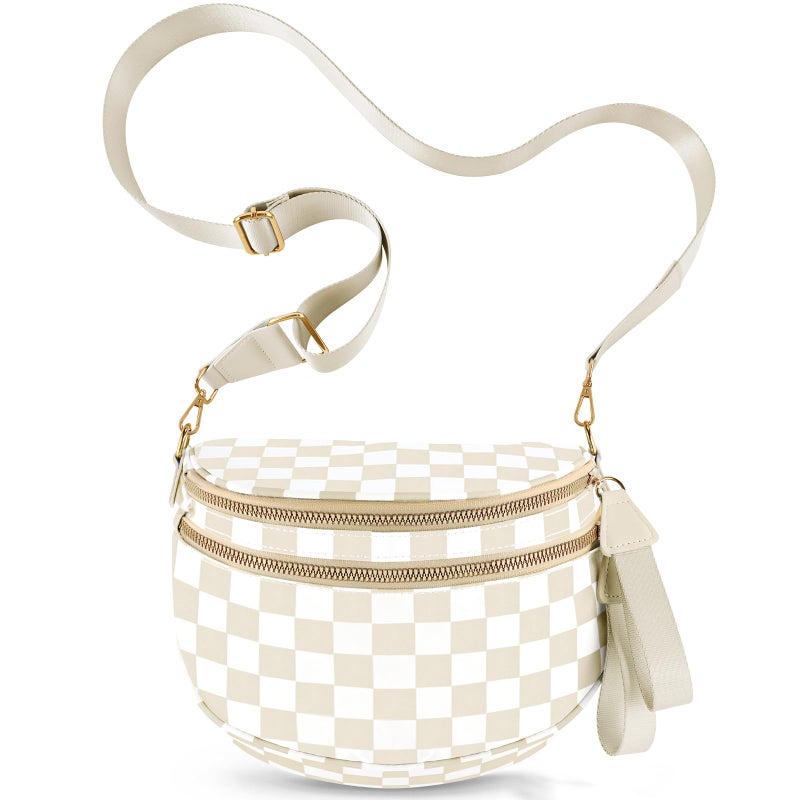 NEWROGENG Checkered Crossbody Bags for Women, Large Nylon Bum Bags Plus Size Fanny Pack Sling Bag Belt Bag for Women Travel, Beige Checkered - Image 1