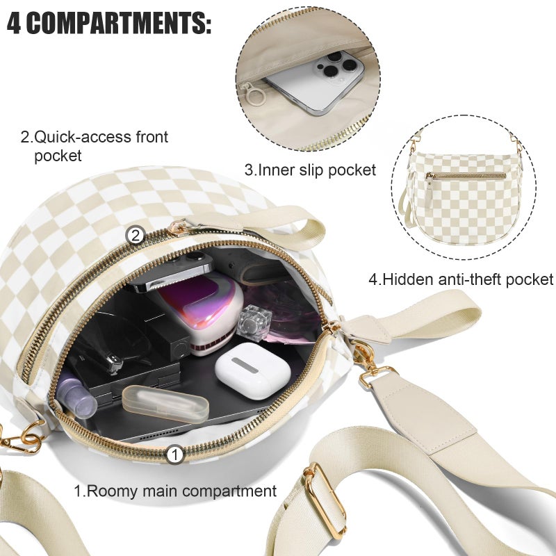 NEWROGENG Checkered Crossbody Bags for Women, Large Nylon Bum Bags Plus Size Fanny Pack Sling Bag Belt Bag for Women Travel, Beige Checkered - Image 5