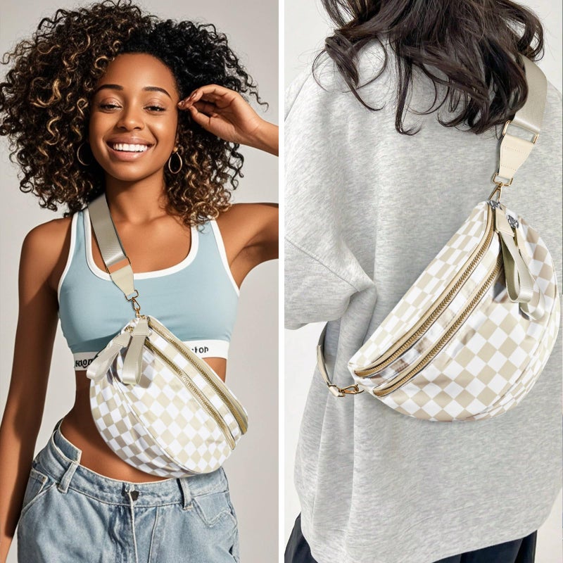 NEWROGENG Checkered Crossbody Bags for Women, Large Nylon Bum Bags Plus Size Fanny Pack Sling Bag Belt Bag for Women Travel, Beige Checkered - Image 3
