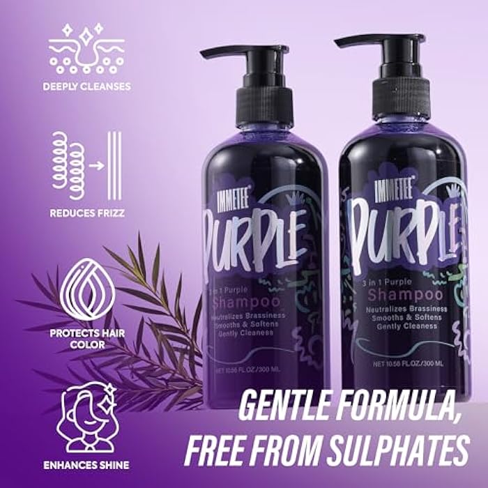 immetee Purple Shampoo for Blondes, Purple Shampooing Blonde Hair Perfector, 3 in 1 Shampoo Neutralises Yellow Tones, Coloured or Highlighted Hair, 300ml - Image 2