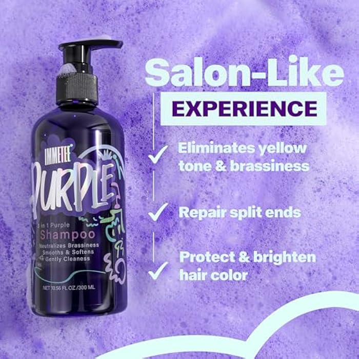 immetee Purple Shampoo for Blondes, Purple Shampooing Blonde Hair Perfector, 3 in 1 Shampoo Neutralises Yellow Tones, Coloured or Highlighted Hair, 300ml - Image 4