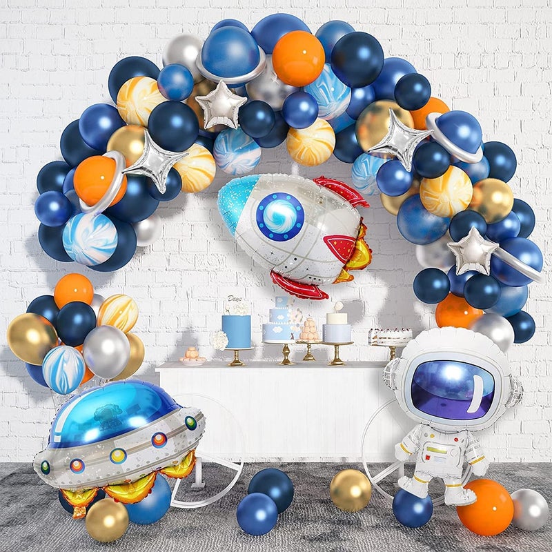 BIGTHREE Outer Space Blue Balloons Arch Garland Kit 112 Pcs Space Astronaut Balloons Party Decorations UFO Rocket Navy Blue Orange Silver Foil Latex Balloons Party Supplies for Boys Kids Birthday - Image 1