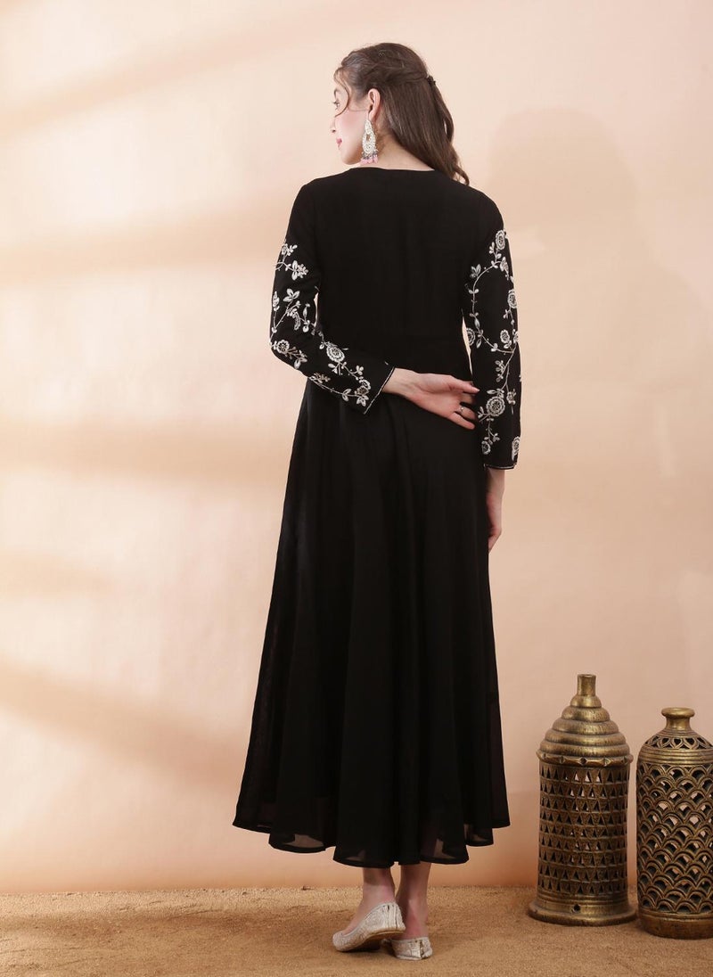 Globus Women's Black Festive Ethnic Dress with V Neck and Sequined Floral Embroidery - Image 4