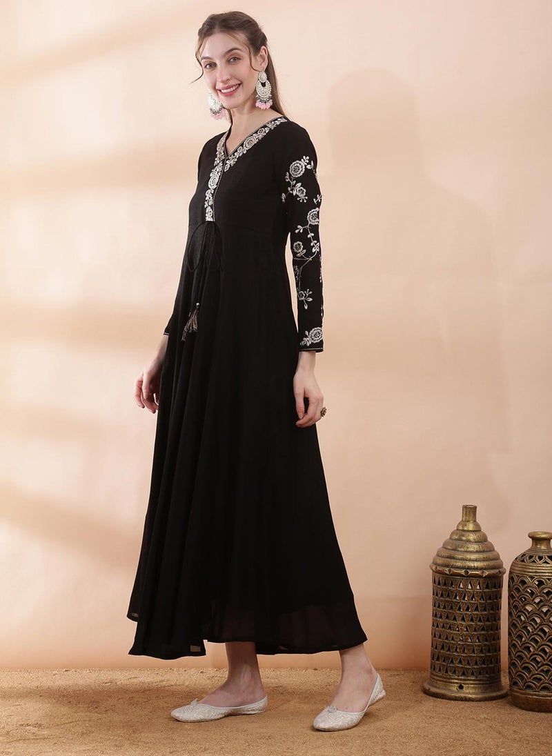 Globus Women's Black Festive Ethnic Dress with V Neck and Sequined Floral Embroidery - Image 3