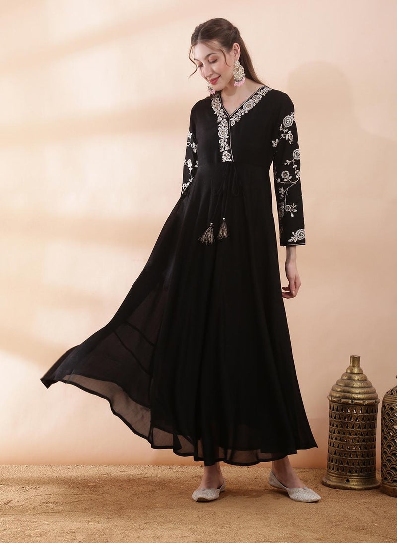 Globus Women's Black Festive Ethnic Dress with V Neck and Sequined Floral Embroidery - Image 1