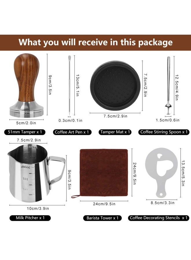 Y-Step 14 PCS Coffee Tamper Set, Espresso Accessories Kit Barista Kit, with Espresso Tamper 51mm, Frothing Pitcher, Tamper Mat, Latte Art Pen, Coffee Stirrer, Sandalwood Tamper for Espresso Machine. - Image 2