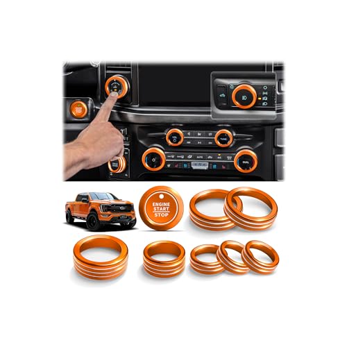 Polodunn for Ford F150 Accessories 2021-2025 2026 & Super Duty F250 F350 F450 2023-2026, 9pcs Aluminum Alloy Knob Cover Trim Set - Push Start, A/C, Volume, Headlight, Trailer & Drive Mode (Orange) - Image 1