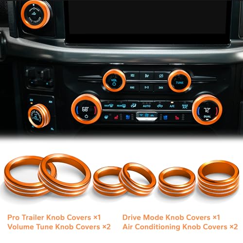 Polodunn for Ford F150 Accessories 2021-2025 2026 & Super Duty F250 F350 F450 2023-2026, 9pcs Aluminum Alloy Knob Cover Trim Set - Push Start, A/C, Volume, Headlight, Trailer & Drive Mode (Orange) - Image 3