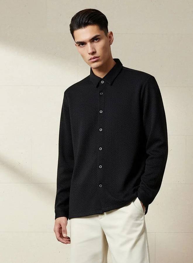 Splash FAV Men Regular Fit Collared Jacquard Textured Long Sleeve Shirt