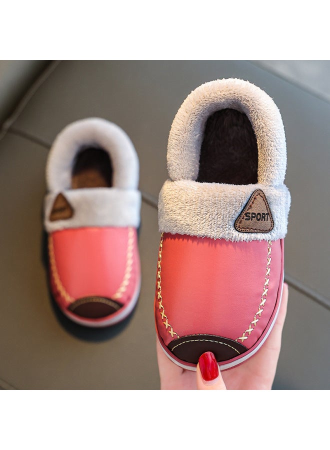 Children's Cotton Shoes Women's Winter Warm Men's Pu Leather Waterproof Home Non-slip Fleece-lined Thickened Outdoor Soft Sole Shoes For Middle And Large Children
