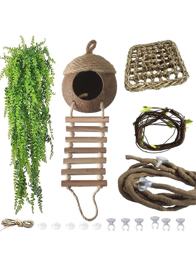 MUYG Lizard Coco Den with Ladder,5PCS Leopard Gecko Tank Accessories Reptile Terrarium Plants Hammock Coconut Hut Hide Hanging Reptile Decor for Crested Gecko,Baby Bearded Dragon,Chameleon,Snake - Image 1