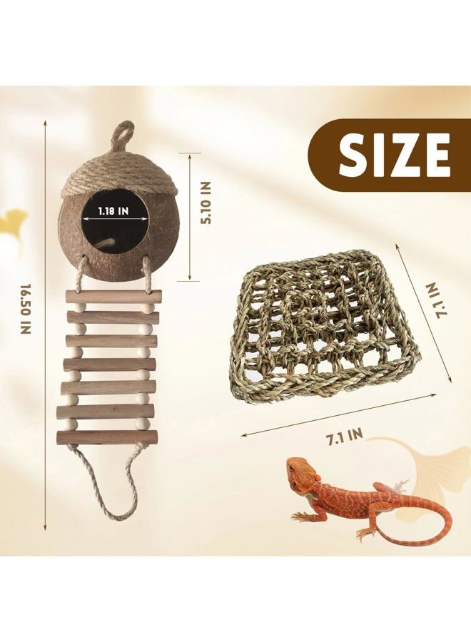 MUYG Lizard Coco Den with Ladder,5PCS Leopard Gecko Tank Accessories Reptile Terrarium Plants Hammock Coconut Hut Hide Hanging Reptile Decor for Crested Gecko,Baby Bearded Dragon,Chameleon,Snake - Image 4