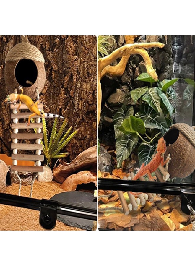 MUYG Lizard Coco Den with Ladder,5PCS Leopard Gecko Tank Accessories Reptile Terrarium Plants Hammock Coconut Hut Hide Hanging Reptile Decor for Crested Gecko,Baby Bearded Dragon,Chameleon,Snake - Image 2