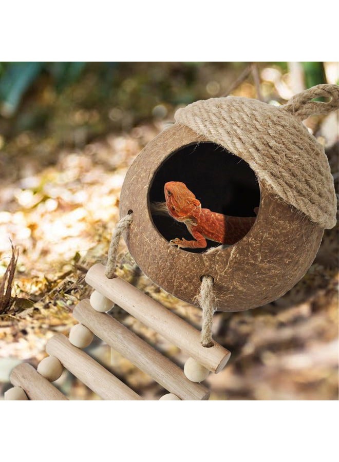 MUYG Lizard Coco Den with Ladder,5PCS Leopard Gecko Tank Accessories Reptile Terrarium Plants Hammock Coconut Hut Hide Hanging Reptile Decor for Crested Gecko,Baby Bearded Dragon,Chameleon,Snake - Image 3