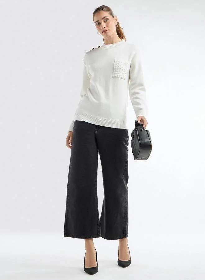 Splash FAV Textured Crew Neck Sweater with Front Pocket