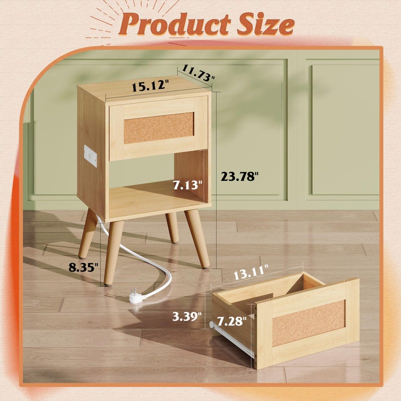 WLIVE Rattan Nightstand with Charging Station, Boho Night Stand, Small Bedroom Side Table, End Table with Drawer and Storage, Wood Bedside Tables for Bedroom, Small Spaces, Natural Oak - Image 3