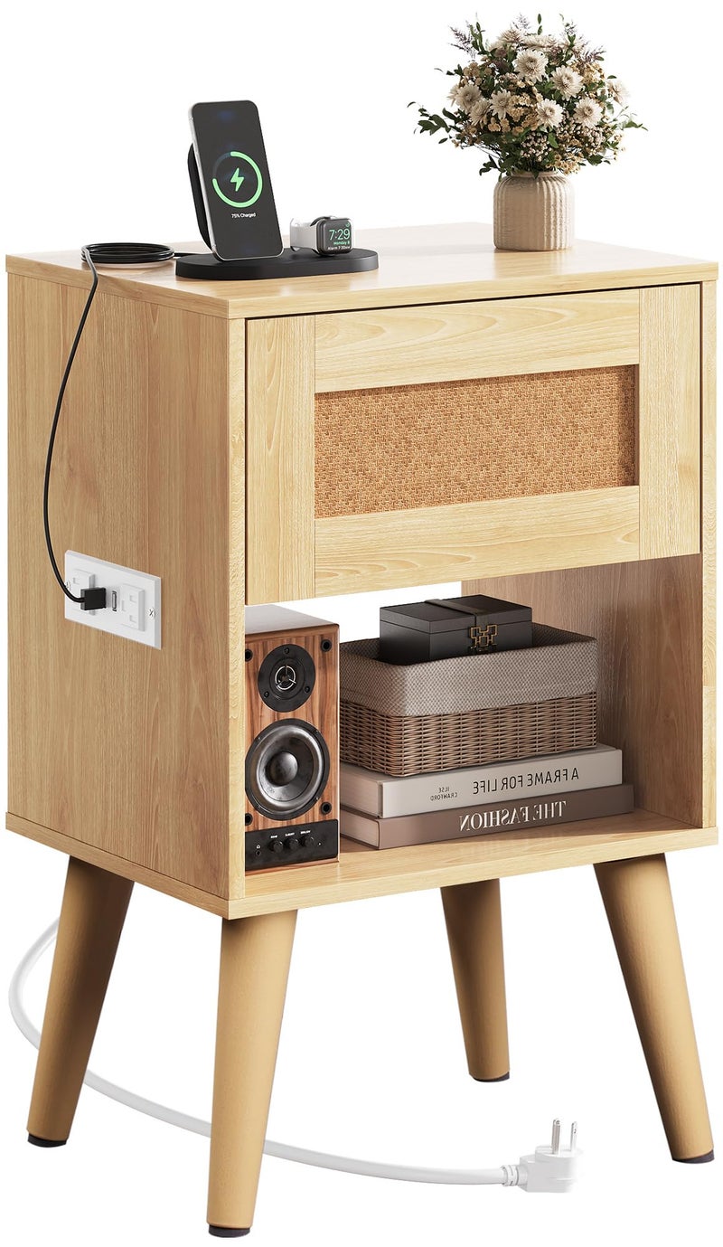 WLIVE Rattan Nightstand with Charging Station, Boho Night Stand, Small Bedroom Side Table, End Table with Drawer and Storage, Wood Bedside Tables for Bedroom, Small Spaces, Natural Oak - Image 1
