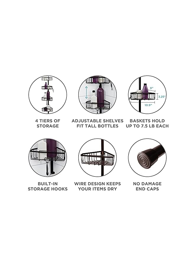 Raxoom Home Tension Pole Shower Caddy, 4 Basket Shelves, Adjustable, 60 to 108 Inch, Bronze - Image 4