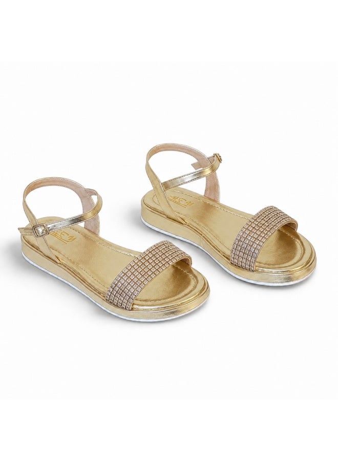 LIFESTYLISH sandals Flat leather with diamond strap SF-60- Gold - Image 1