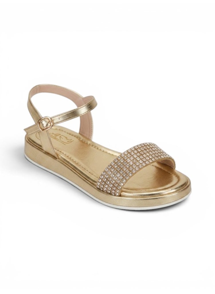 LIFESTYLISH sandals Flat leather with diamond strap SF-60- Gold - Image 3