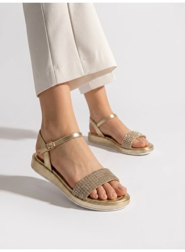 LIFESTYLISH sandals Flat leather with diamond strap SF-60- Gold - Image 2