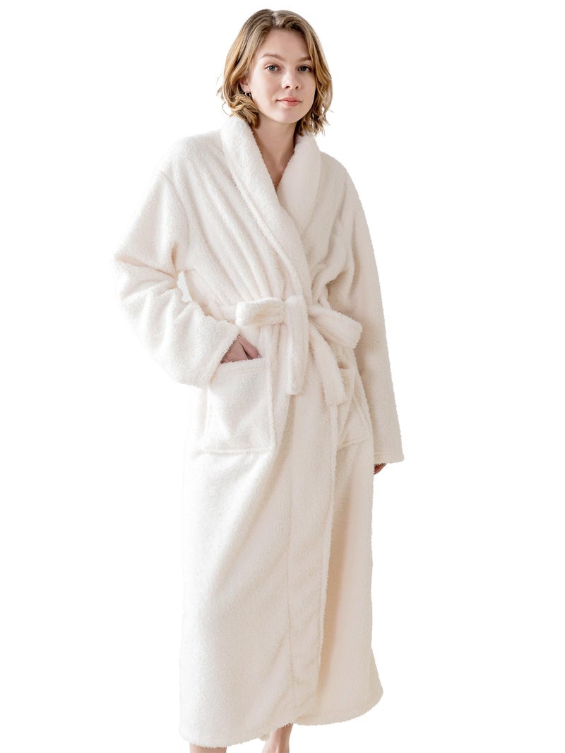 KORBLISS Robes for Women â€“ Premium Plush Fleece Long Bathrobe for Women with Shawl Collar, Soft Warm Womens Robe with Pockets and Belt, White, Large - Image 1