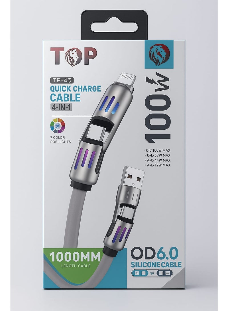 TOP TP-43 4-in-1 Fast Charging Silicone Cable 100W – Type-C / Lightning / USB, 1M with RGB Lights - Image 2