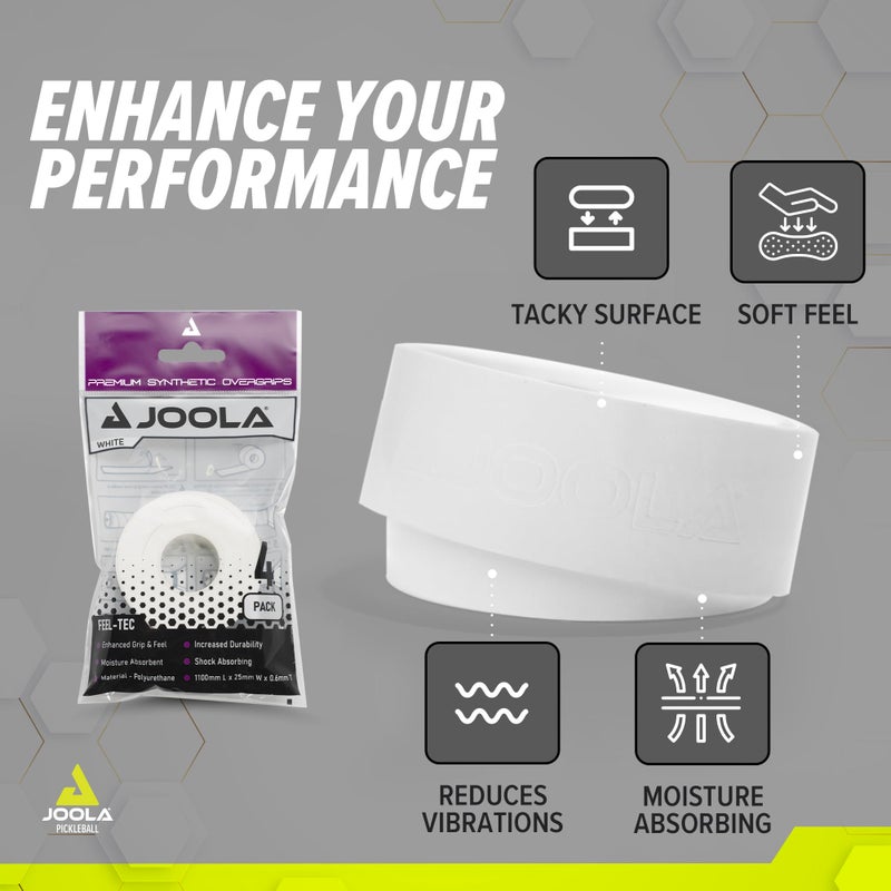 JOOLA Pickleball Overgrip - Tacky Feel Premium Synthetic Overgrips - Set of 4 - Pickleball Grip Tape for Any Brand Racket - Anti Slip Pickleball Tape Fits Elongated, Standard & Skinny Handles,White - Image 4