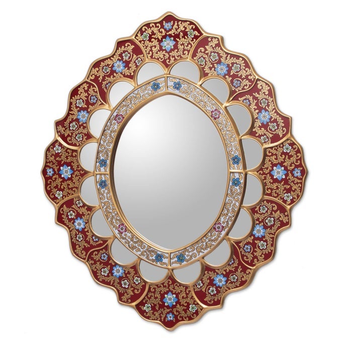 REVERSE PAINTED WOOD AND GLASS WALL MOUNTED MIRROR RED GOLDEN RAYS