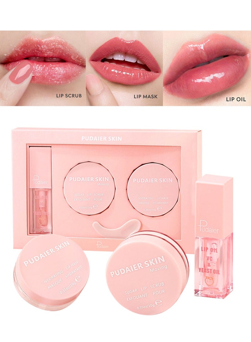 pudaier Lip Mask and Lip Scrub and Lip Oil Set Hydrating Moisturizing Nourishing Exfoliating Lip Plumping Lips Treatment Lip Care Set for Removing Lip Lines and Repairing Dry Lips - Image 1